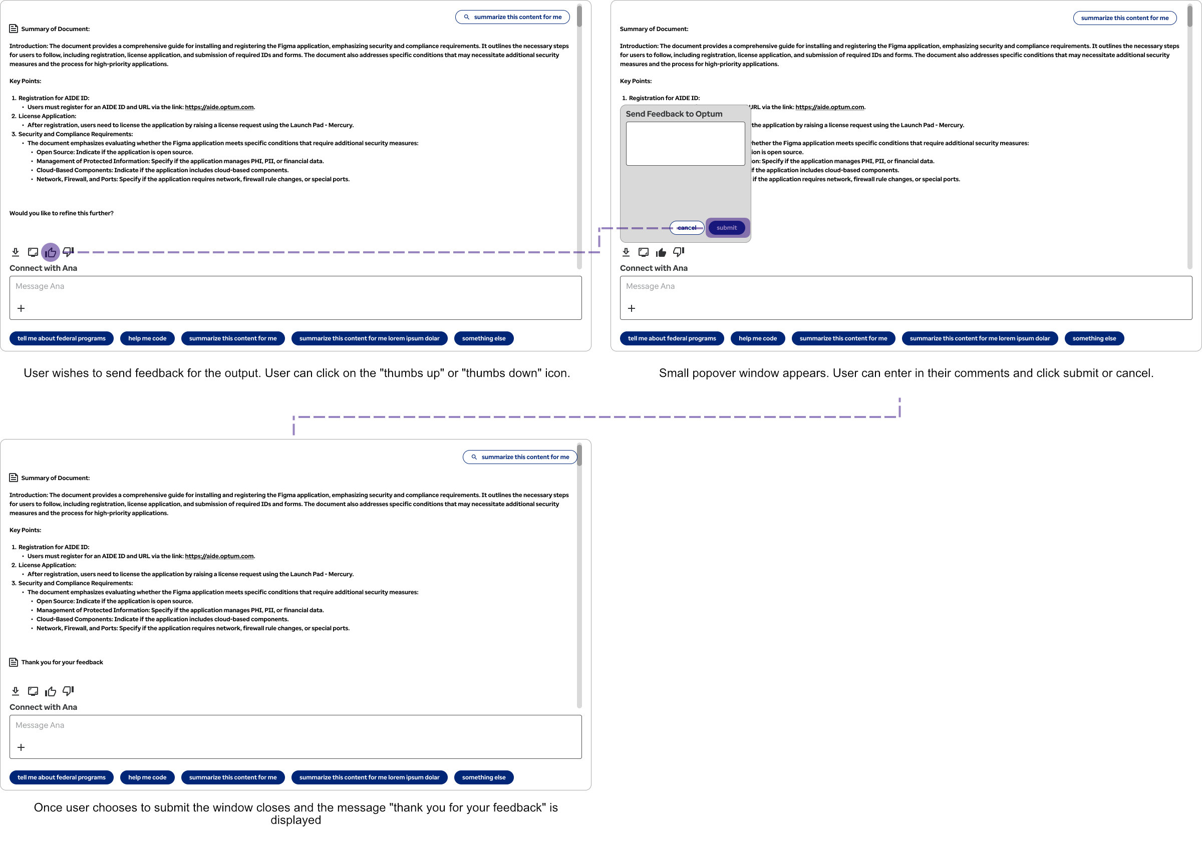 three wireframes displaying the user interaction to submit feedback